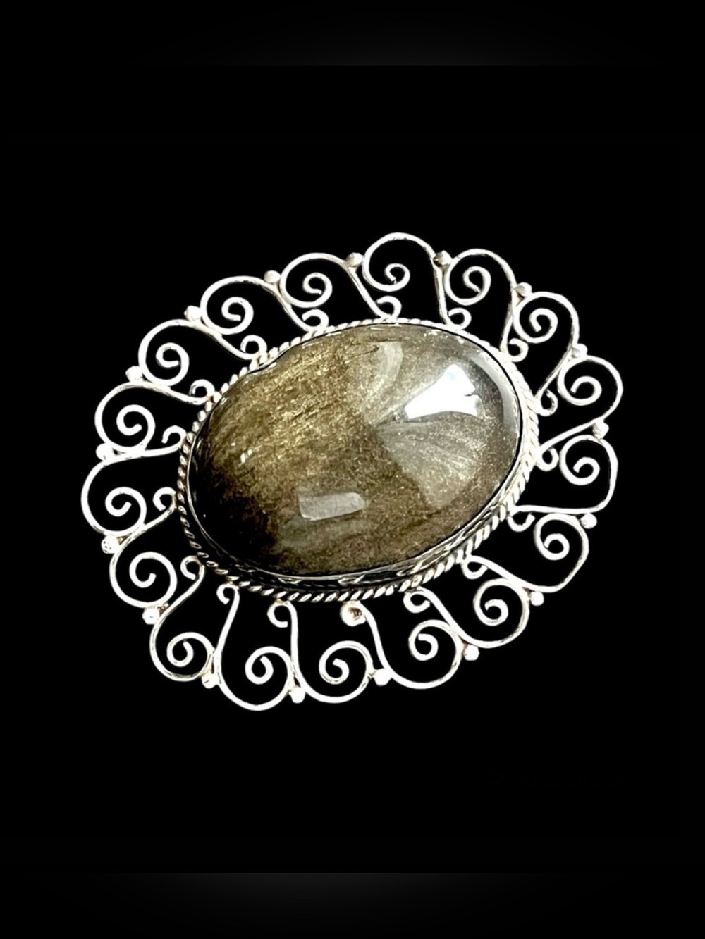 Los Ballesteros vintage sterling silver 925 obsidian brooch pin